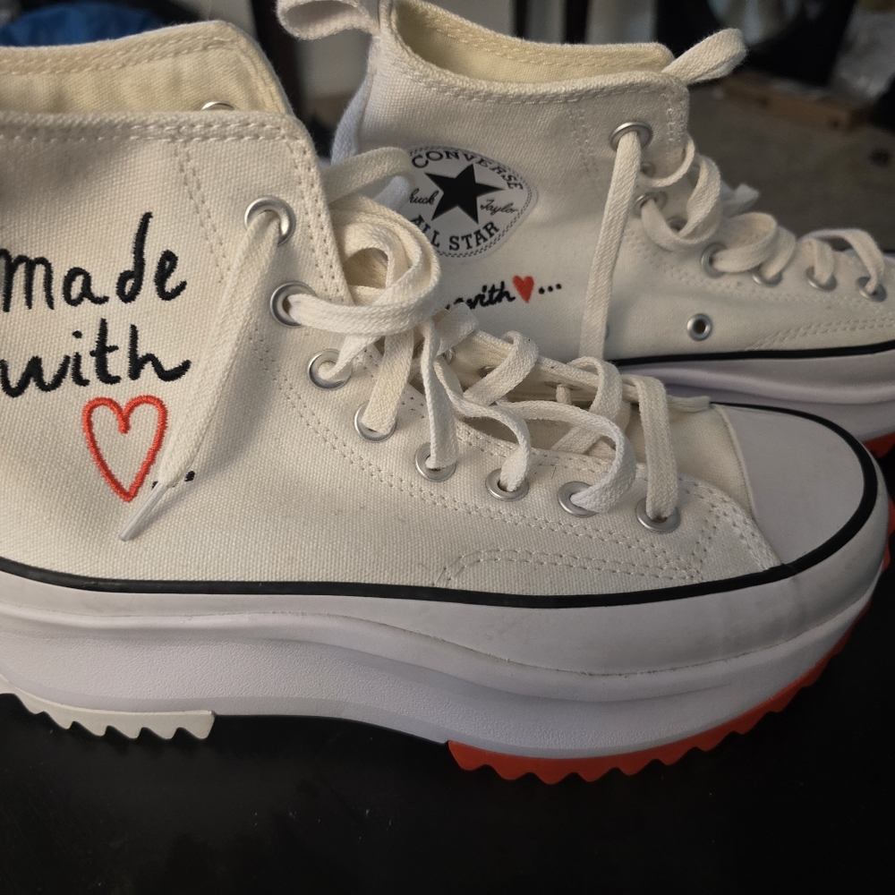Converse White High-Top Sneakers MADE WITH LOVE SIZE 8 WMNS Like New